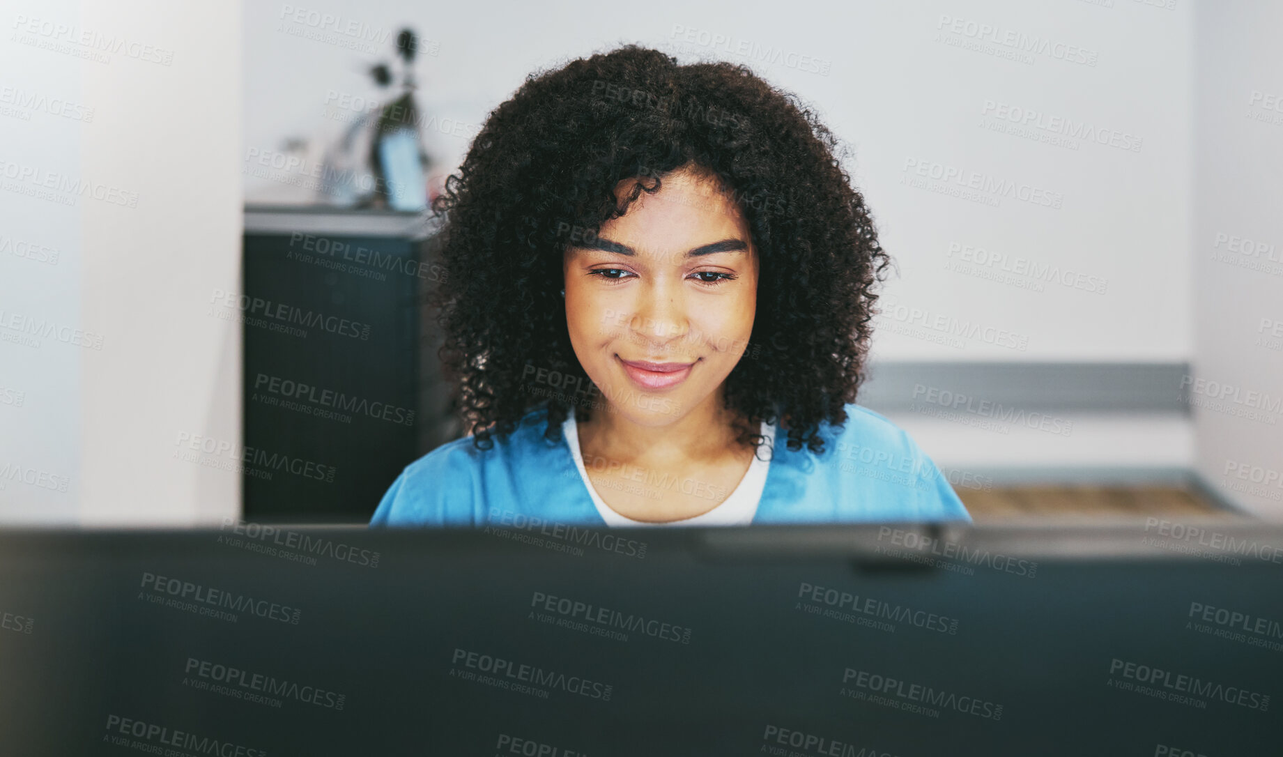 Buy stock photo Healthcare, computer and doctor reading research, results and schedule information. Medicine, communication and African nursing student learning about medical cardiology on the internet with a pc