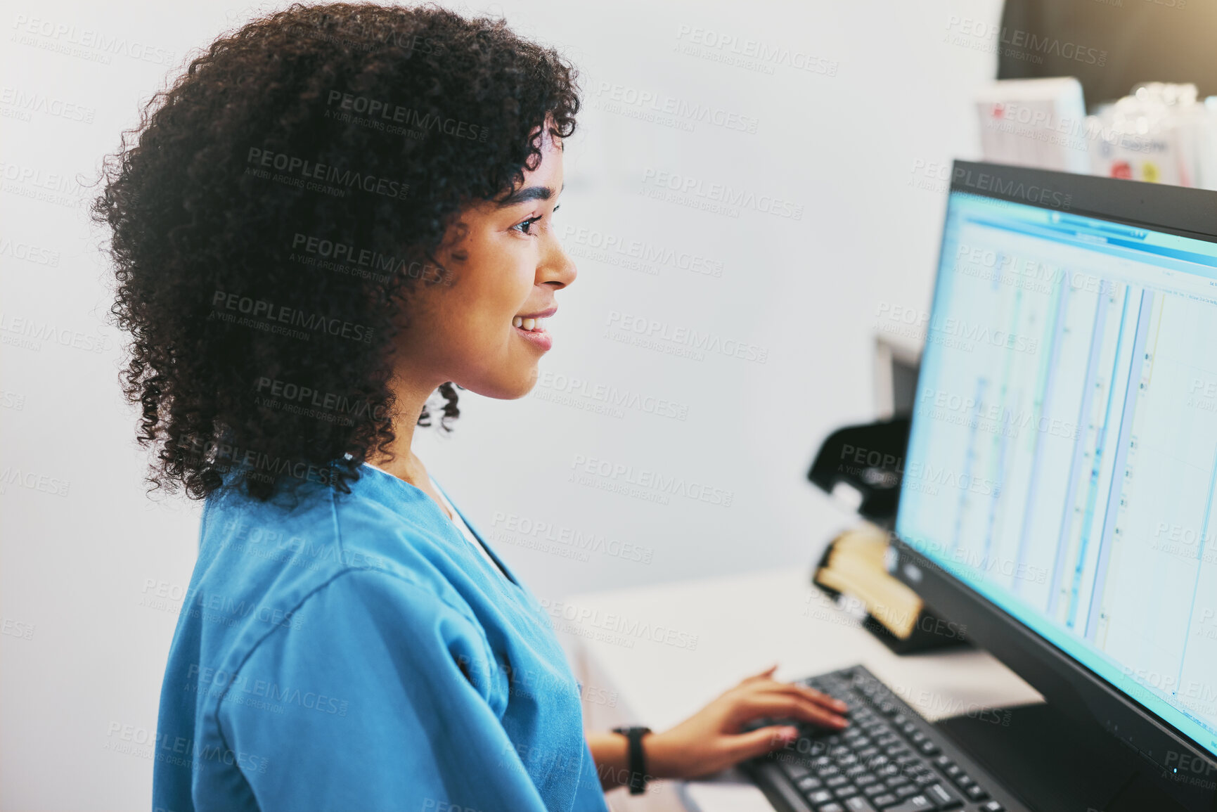 Buy stock photo Nurse, computer and black woman typing for research in healthcare reports or telehealth. Medical, health and happy female doctor with desktop for writing or online consultation in a hospital