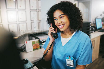 Buy stock photo Nurse, phone call and black woman with happiness at doctor office with a smile. Clinic, healthcare worker and networking of a young person happy about work conversation and health insurance talk
