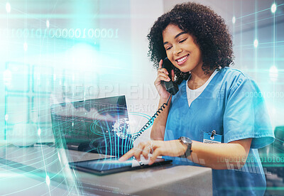 Buy stock photo Doctor, futuristic overlay and black woman on tablet and phone for hospital innovation research. Healthcare, clinic and  nurse talking with big data graphic checking digital and medical algorithm  