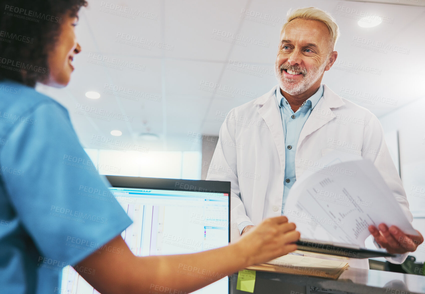 Buy stock photo Doctor, nurse and woman at reception with documents for health results or information. Healthcare, receptionist and senior medical professional with happy black female with paperwork for wellness.