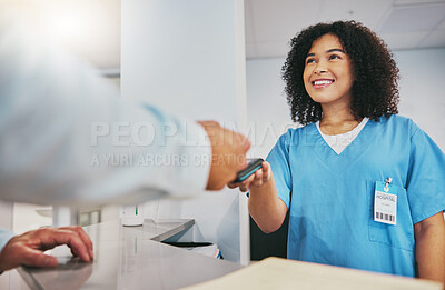 Buy stock photo Card machine, nurse and man with a payment in the hospital for healthcare, medicine or consultation. Finance, medical and male patient paying for pharmaceutical treatment by a female doctor in clinic