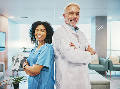 Buy stock photo Healthcare team, doctor and nurse with portrait, medical professional and collaboration with diversity and smile in clinic. Health, senior man and black woman with medicine, partnership and happy