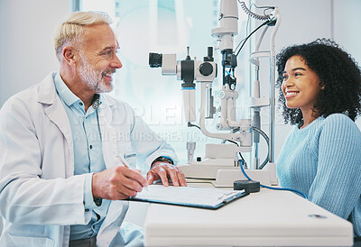Buy stock photo Eye exam, consulting and smile with doctor and black woman for healthcare, ophthalmology and medical. Glaucoma, laser and wellness with patient and optometrist in clinic for vision, checklist or help