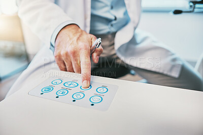 Buy stock photo Ophthalmology, hand and doctor working a machine for surgery, consultation and vision repair. Healthcare, optometry and optician pressing a button on equipment for medicare, eyes check and correction