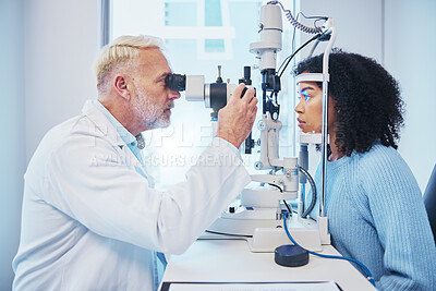 Buy stock photo Eye exam, consulting and laser with doctor and black woman for healthcare, ophthalmology and medical. Glaucoma, lens and wellness with patient and optometrist in clinic for vision, checklist and help
