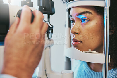 Buy stock photo Ophthalmology, healthcare and eye exam with black woman and consulting for vision, medical and glaucoma check. Laser, light and innovation with face of patient and machine for scanning and optometry 