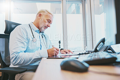 Buy stock photo Research, senior man doctor writing in notebook for healthcare, prescription or medicine checklist in office. Focus, thinking or medical worker for hospital schedule, surgery notes or health planning