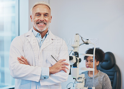 Buy stock photo Portrait, man and smile of optometrist with arms crossed in hospital or medical clinic for eye care. Healthcare, vision or happy, confident or proud senior male ophthalmologist or doctor with patient
