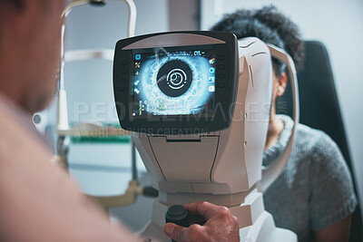 Buy stock photo Ophthalmology, eye scan and woman with a doctor for a consultation, vision test and lens check. Surgery, medicine and image of eyes of a girl on a machine screen for optic testing and problem