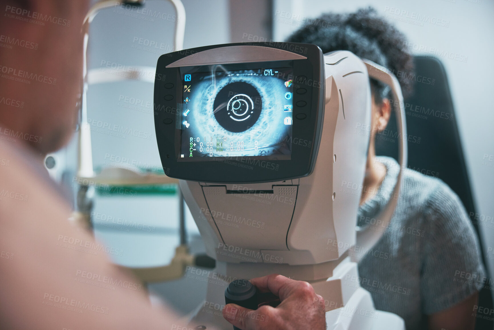 Buy stock photo Ophthalmology, eye scan and woman with a doctor for a consultation, vision test and lens check. Surgery, medicine and image of eyes of a girl on a machine screen for optic testing and problem