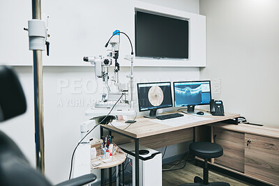 Buy stock photo Ophthalmology, computer and empty room with equipment for vision, healthcare and consultation. Technology, professional and consulting office with a chair for care of eyes and a monitor for results