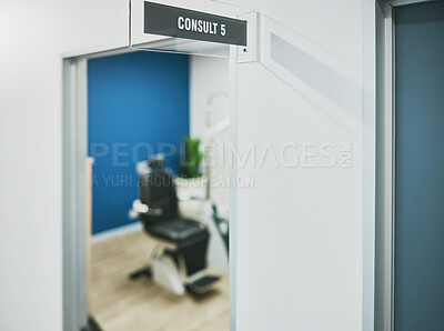 Buy stock photo Ophthalmology, consultation and sign for an empty room for healthcare, vision check and surgery. Medicine, board and door for a doctor appointment on eyes, consulting and visual medicare in a clinic