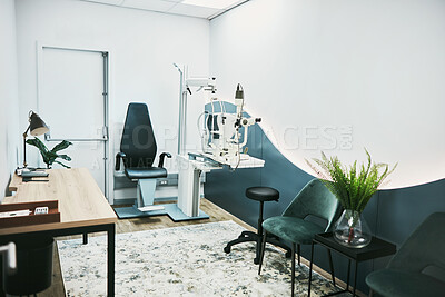 Buy stock photo Medical, ophthalmology and laser in empty room of clinic for eye exam, laser and consulting. Healthcare, technology and interior design with nobody and machine in office for optometry and medicine