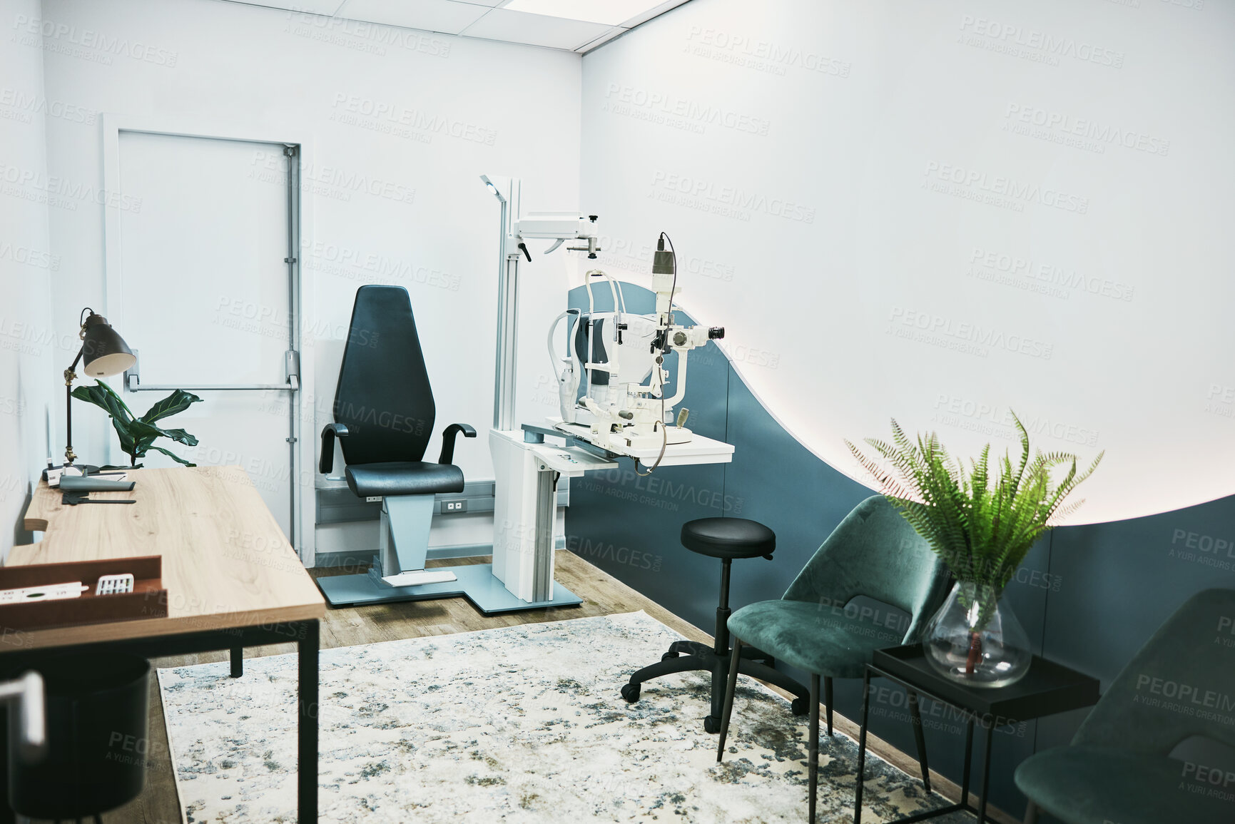 Buy stock photo Medical, ophthalmology and laser in empty room of clinic for eye exam, laser and consulting. Healthcare, technology and interior design with nobody and machine in office for optometry and medicine