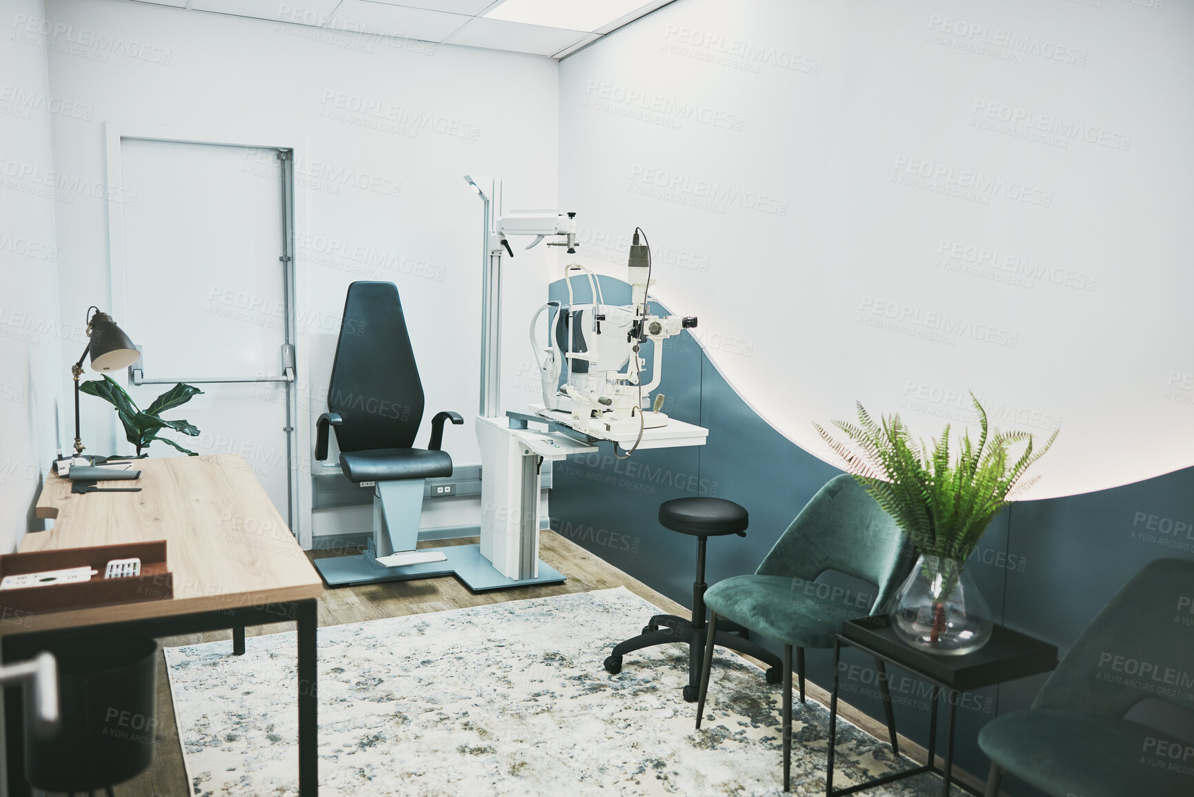 Buy stock photo Healthcare, ophthalmology and laser in empty room of clinic for eye exam, laser and consulting. Medical, technology and interior design with nobody and machine in office for optometry and medicine