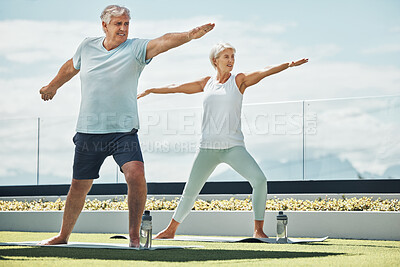 Buy stock photo Senior couple, yoga and warrior pose in meditation by countryside for healthy spiritual wellness in nature. Elderly woman and man yogi meditating for calm peaceful exercise together in the outdoors
