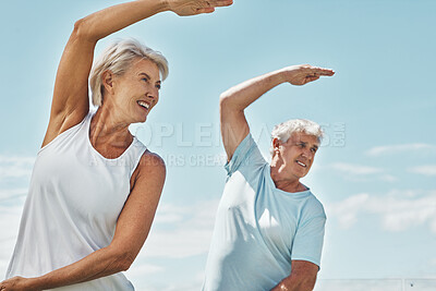 Buy stock photo Senior couple, yoga and meditation in zen workout for healthy spiritual wellness in nature. Happy elderly woman and man yogi in fitness meditating together for calm peaceful exercise in the outdoors