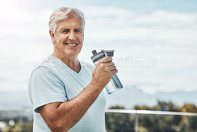 Buy stock photo Senior man, fitness and water bottle with smile for hydration or thirst after workout, exercise or training in nature. Portrait of happy elderly male smiling for natural liquid refreshment on mockup