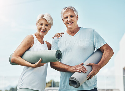 Buy stock photo Senior couple, yoga and smile with mat in preparation for healthy spiritual wellness in nature. Portrait of happy elderly woman and man getting ready for calm or peaceful meditating exercise outdoors