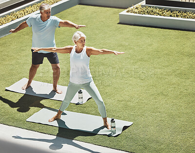 Buy stock photo Yoga, fitness and backyard with a senior couple outdoor together for wellness from above. Exercise, zen or chakra with a mature man and woman in their garden for a mental health workout for balance