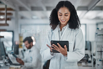 Buy stock photo Science, research and black woman with tablet, smile and internet in laboratory with medical data. Healthcare, pharmaceutical innovation and scientist, technology and reading email, website or result