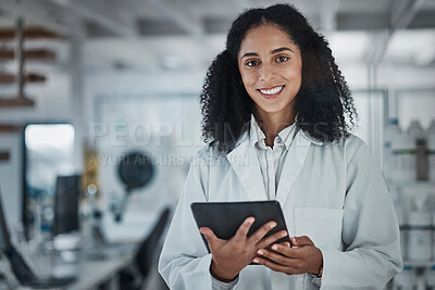 Buy stock photo Science, research and portrait of black woman with tablet and smile in laboratory, internet and medical data search online. Healthcare, pharmaceutical innovation and happy scientist with technology