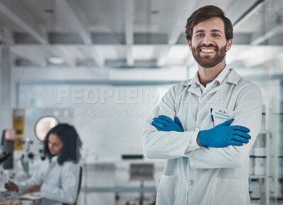 Buy stock photo Scientist, portrait and man in lab with science and research for medical innovation or biotechnology with chemistry. Scientific study, doctor in laboratory with leadership and arms crossed