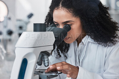 Buy stock photo Science, microscope and sample with a doctor black woman at work in a lab for innovation or research. Medical, analysis and slide with a female scientist working in a laboratory on breakthrough