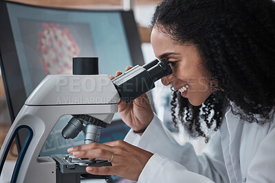 Buy stock photo Science, microscope and zoom with a doctor black woman at work in a lab for innovation or research. Medical, analysis and slide with a female scientist working in a laboratory on breakthrough