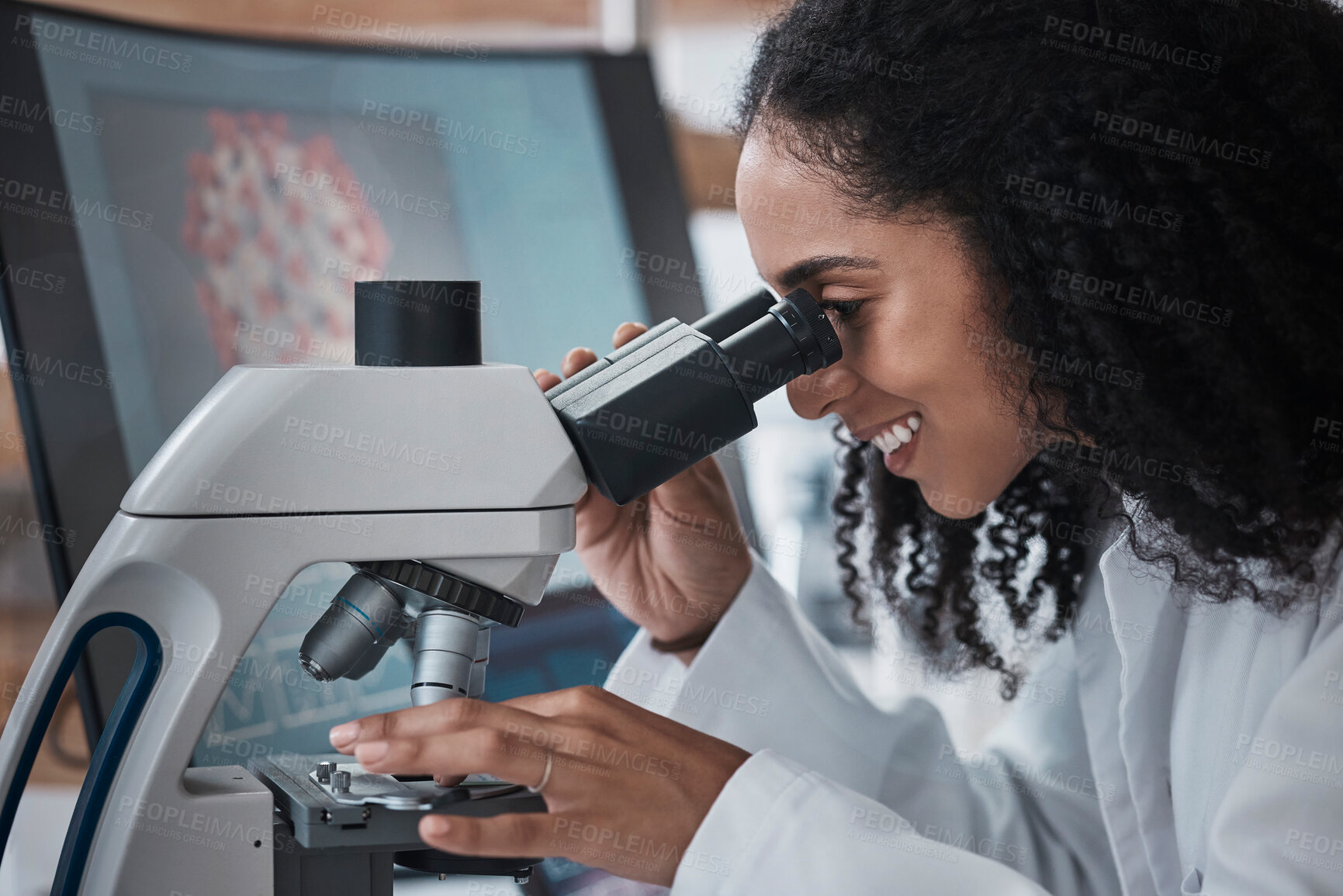 Buy stock photo Science, microscope and zoom with a doctor black woman at work in a lab for innovation or research. Medical, analysis and slide with a female scientist working in a laboratory on breakthrough