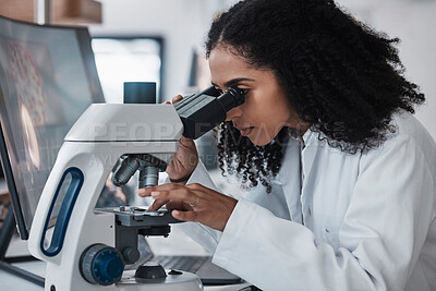 Buy stock photo Science, microscope and slide with a doctor black woman at work in a lab for innovation or research. Medical, analysis and sample with a female scientist working in a laboratory on breakthrough