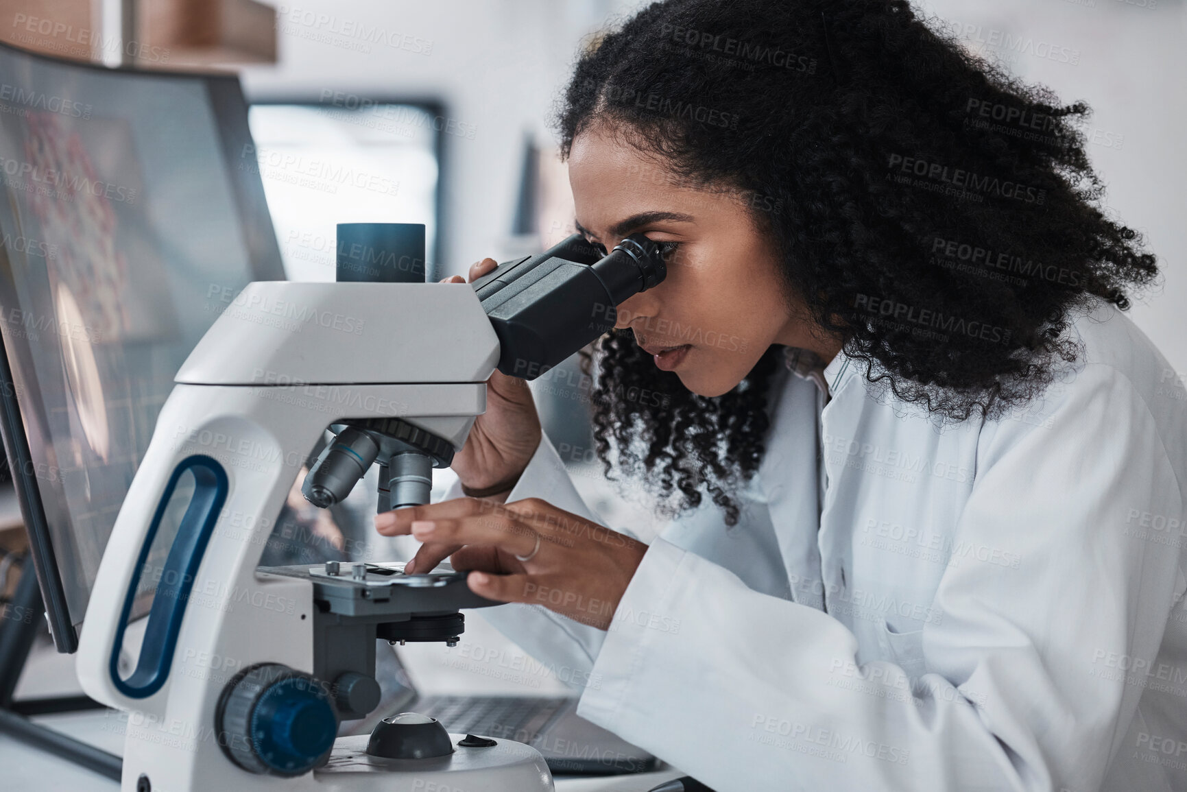 Buy stock photo Science, microscope and slide with a doctor black woman at work in a lab for innovation or research. Medical, analysis and sample with a female scientist working in a laboratory on breakthrough