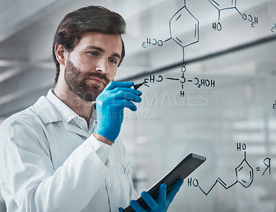 Buy stock photo Writing, science and chemistry with man and tablet in laboratory for medicine, pharmacy and healthcare. Research, analytics and planning with expert solving on glass board for idea, study and data
