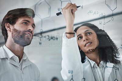 Buy stock photo Teamwork, science and chemistry with people writing in laboratory for medicine, pharmacy or healthcare. Research, analytics and medical with scientists solving on glass board for idea, study or data