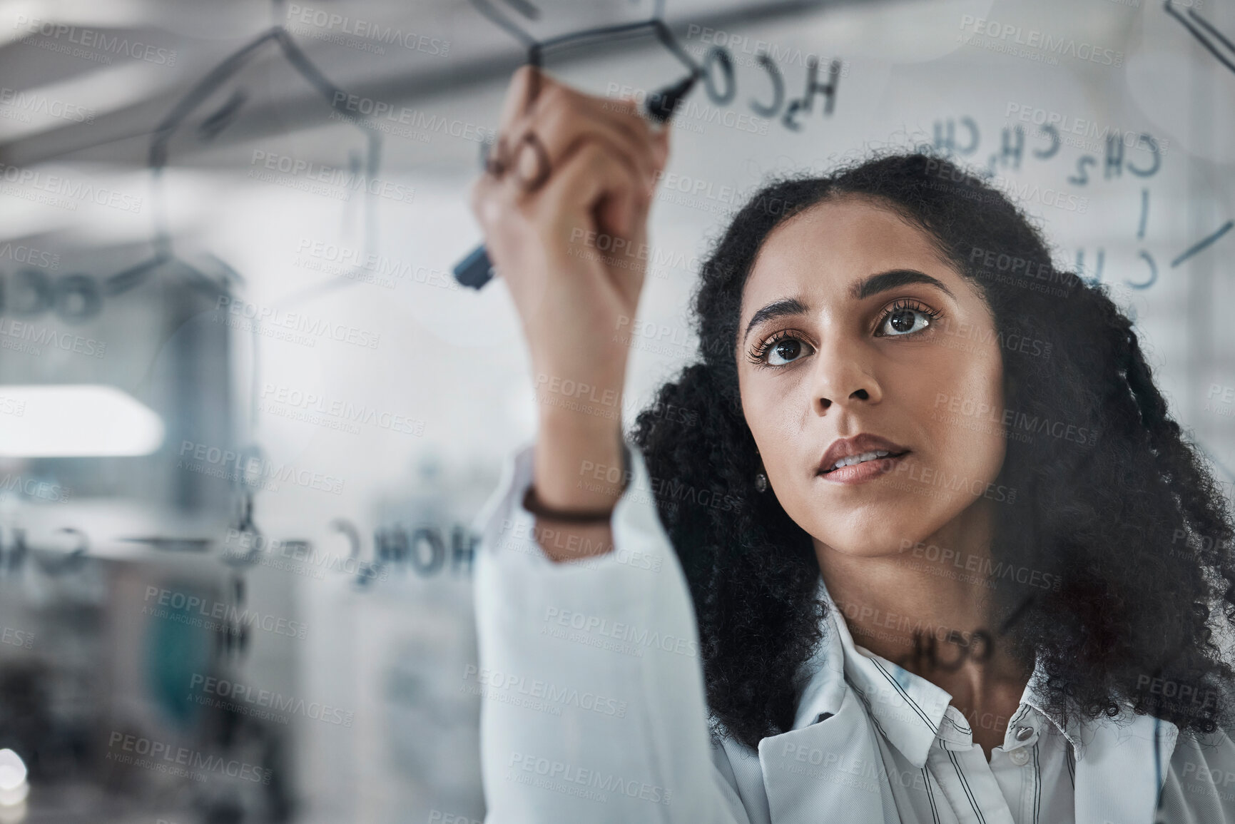 Buy stock photo Writing, science and chemistry with black woman in laboratory for medicine, pharmacy and healthcare. Research, analytics and planning with expert solving on glass board for idea, study and data
