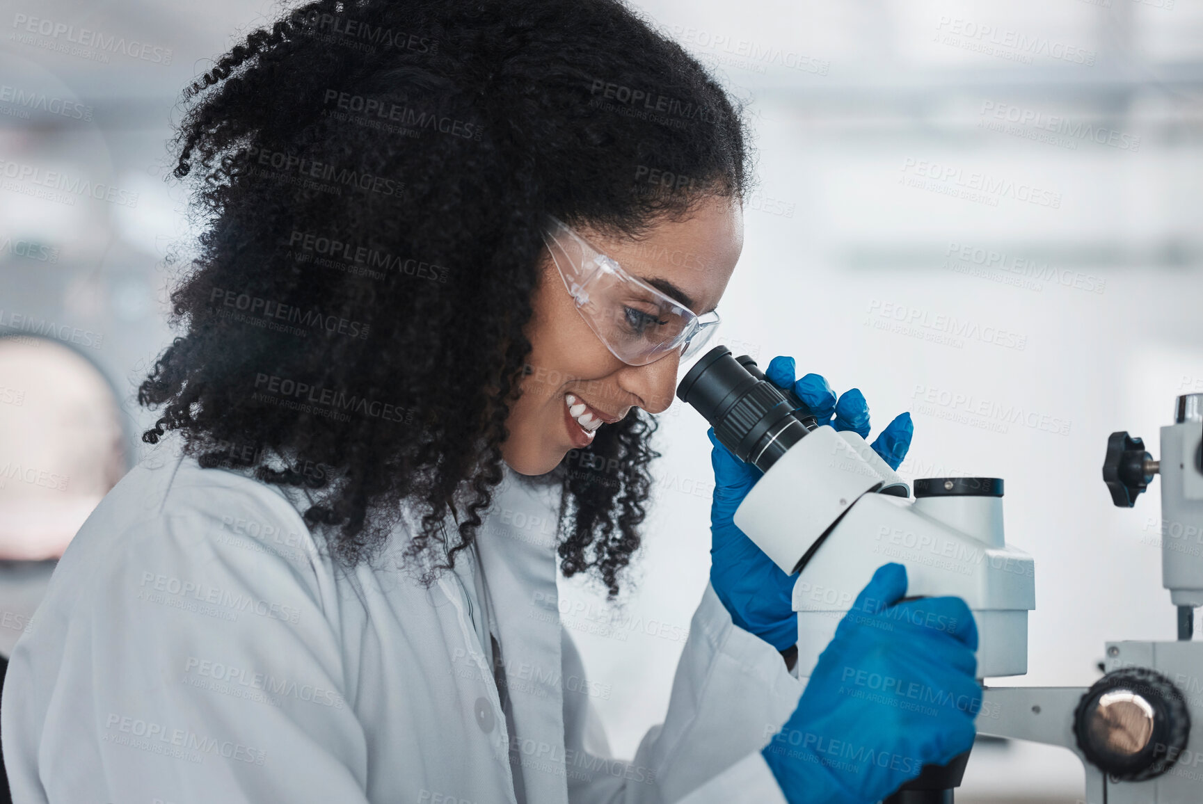 Buy stock photo Science, microscope and innovation with a doctor black woman at work in a lab for research or development. Medical, analysis and slide with a female scientist working in a laboratory on breakthrough