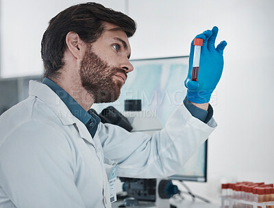 Buy stock photo Science, dna and sample with a doctor man at work in a laboratory for analysis or research. Medical, innovation and blood with a male scientist working in a lab for development or breakthrough
