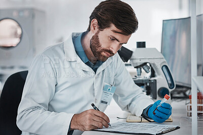 Buy stock photo Report, blood sample and scientist writing results of healthcare, research and science analytics. Data, medicine and man doing an investigation of dna with notes, paperwork and a document at a lab
