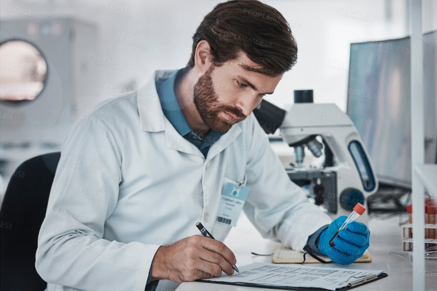 Buy stock photo Report, blood sample and scientist writing results of healthcare, research and science analytics. Data, medicine and man doing an investigation of dna with notes, paperwork and a document at a lab