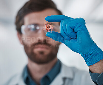 Buy stock photo Science, research and scientist with virus, medical and sample for particle, innovation and lab test. DNA, cancer and cell with male expert in blood, bacteria and particle analysis in a laboratory