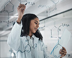 Writing, science and chemistry with black woman and research in laboratory for medicine, pharmacy and documents. Formula, analytics and planning with expert solving on board for idea, study and data