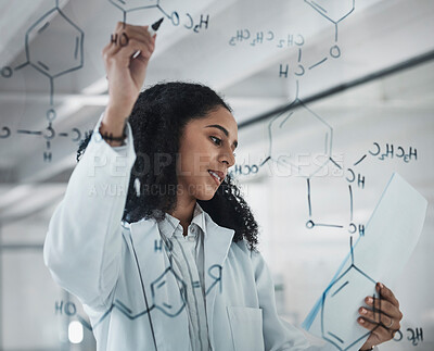 Buy stock photo Writing, science and chemistry with black woman and research in laboratory for medicine, pharmacy and documents. Formula, analytics and medical with expert solving on board for idea, study or data