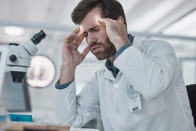 Buy stock photo Stress, man or scientist with headache in a laboratory suffering from burnout, migraine pain or overworked. Exhausted, frustrated or tired doctor working on medical science research with fatigue