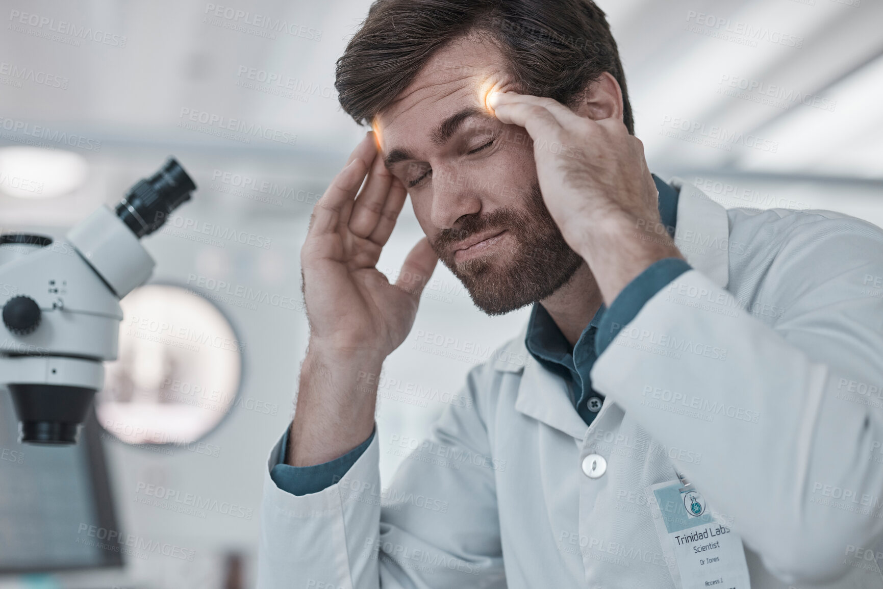 Buy stock photo Stress, doctor or scientist with headache in a laboratory suffering from burnout, migraine pain or overworked. Exhausted, frustrated or tired man working on science research with fatigue or tension