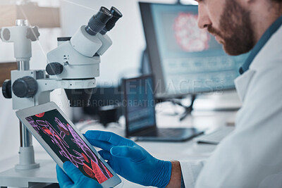 Buy stock photo Science, dna and scientist with a tablet in lab doing research on rna, medical innovation or virus. Technology, healthcare and male scientific expert working on pharmaceutical vaccine in laboratory.