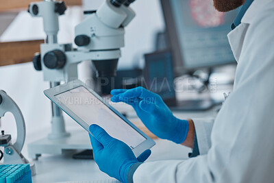 Buy stock photo Hands, laboratory or tablet screen for science research, medical analytics or bacteria vaccine study. Man, scientist or blank mockup technology in pharmacy innovation, dna engineering or healthcare