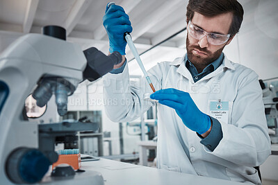 Buy stock photo Man working in laboratory, study chemical dna in test tube and research scientific technology in Germany. Expert pathology scientist, liquid solution and focus on career in futuristic science