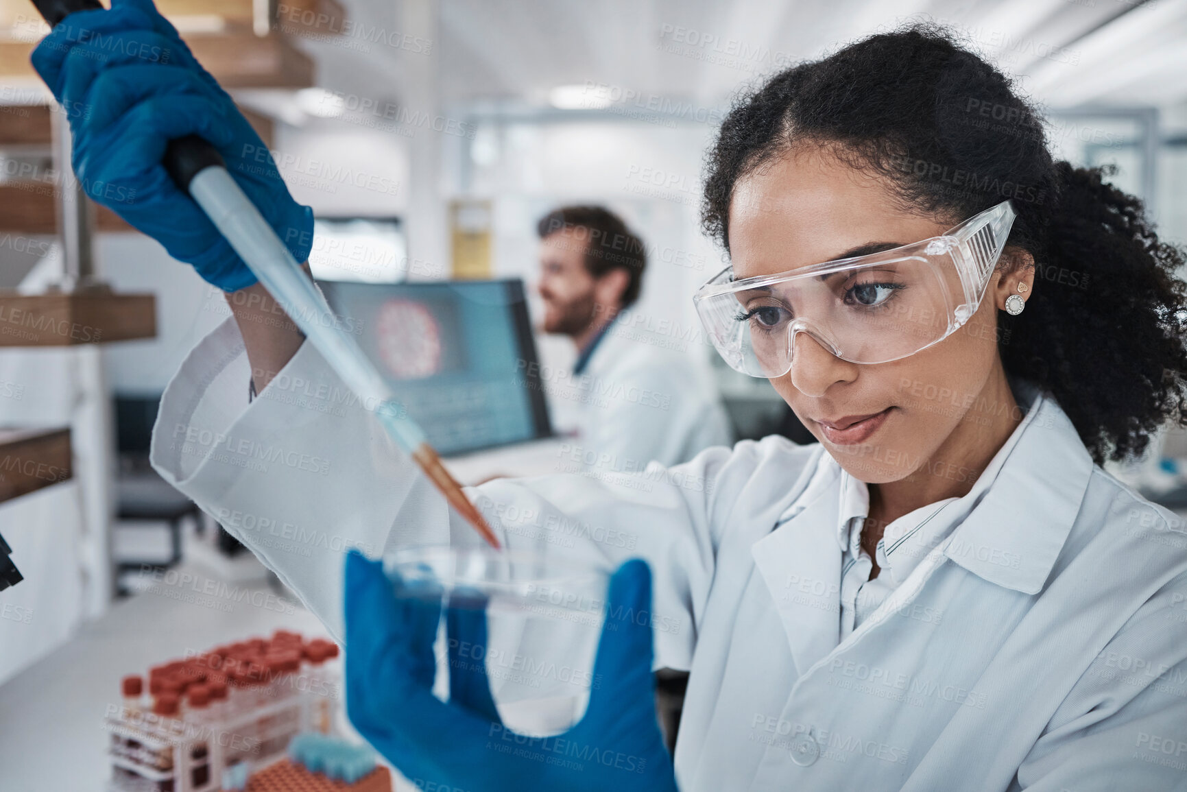 Buy stock photo Scientist, pipette or petri dish in laboratory research, medical pharmacy or dna blood engineering. Black woman, dropper or science equipment in healthcare analytics test or future vaccine innovation