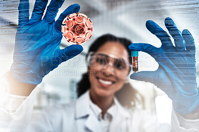 Buy stock photo Science, blood test and scientist doing research on dna for medical innovation, vaccine or cure in lab. Scientific, pharmaceutical and woman pathology researcher analyzing rna and virus in laboratory